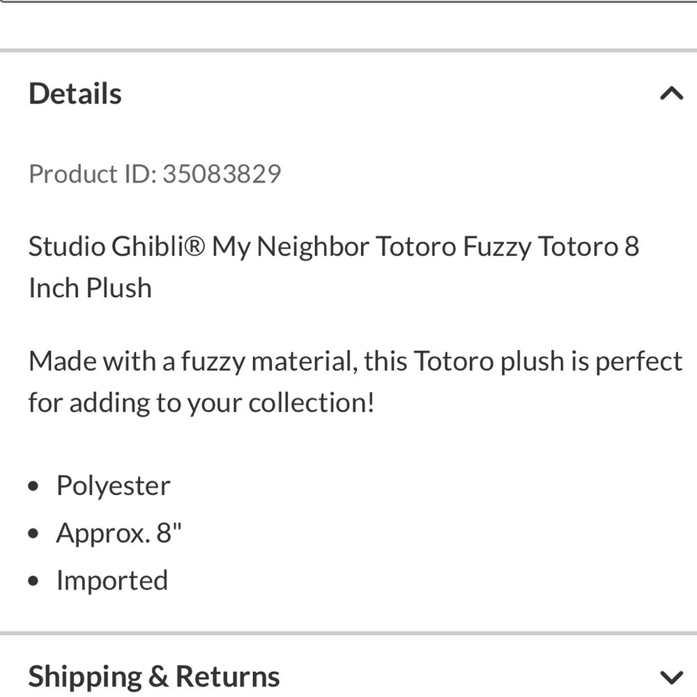 Studio Ghibli My Neighbor Tortoro 8 Inch Plush New With Tags - Picture 3 of 3